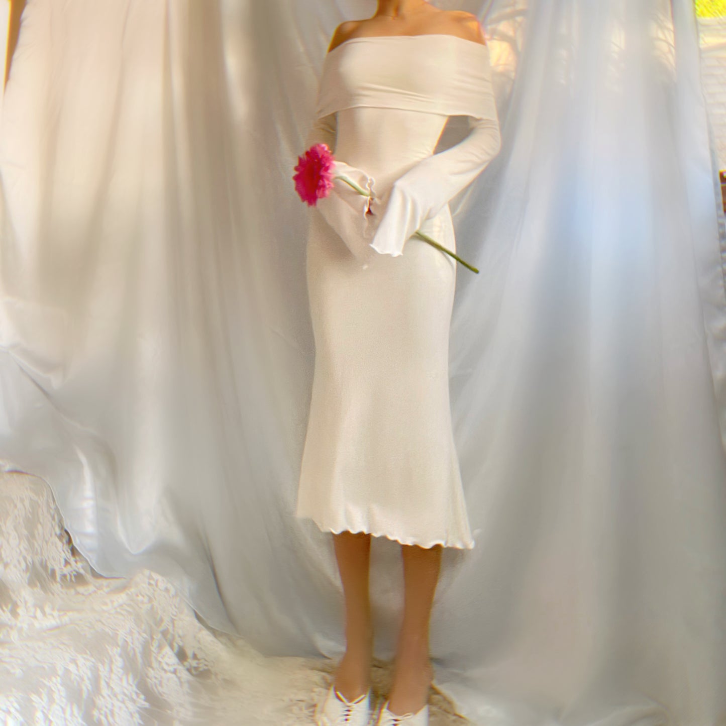 Aphrodite’s Angel Sleeve Off the Shoulder Mermaid Midi Dress