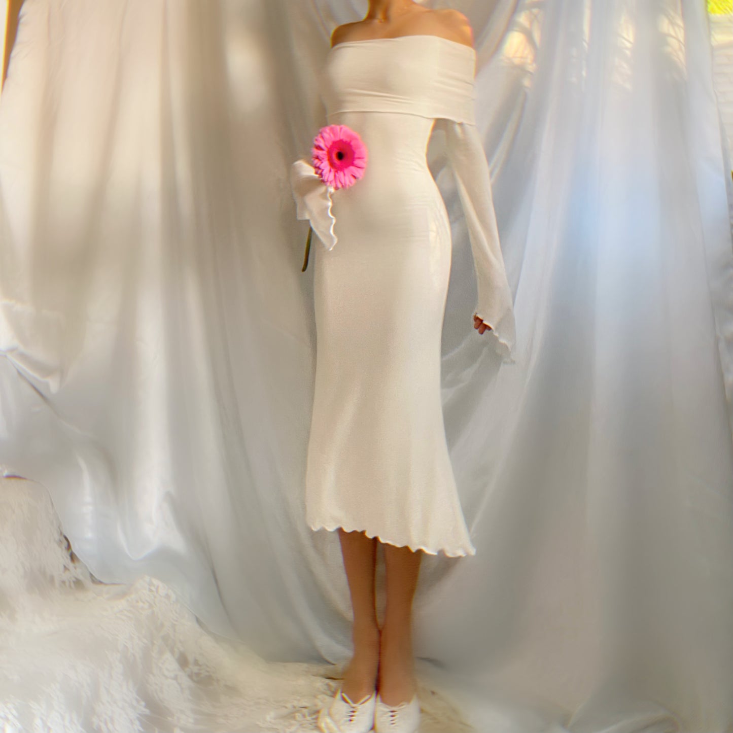 Aphrodite’s Angel Sleeve Off the Shoulder Mermaid Midi Dress