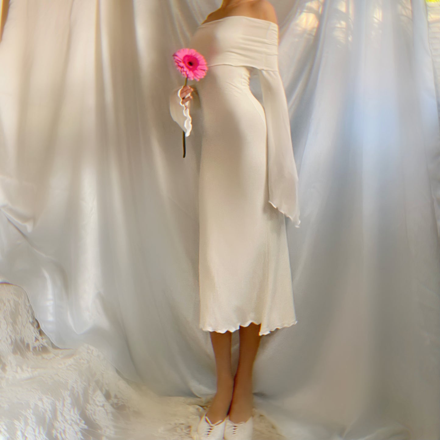 Aphrodite’s Angel Sleeve Off the Shoulder Mermaid Midi Dress