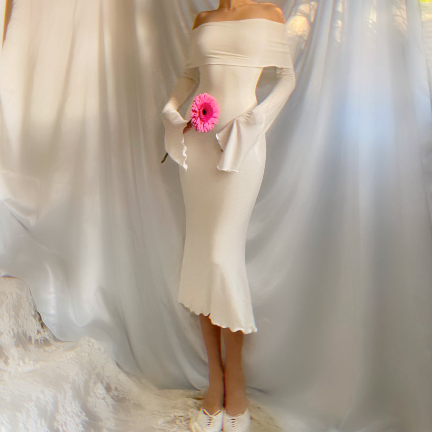 Aphrodite’s Angel Sleeve Off the Shoulder Mermaid Midi Dress