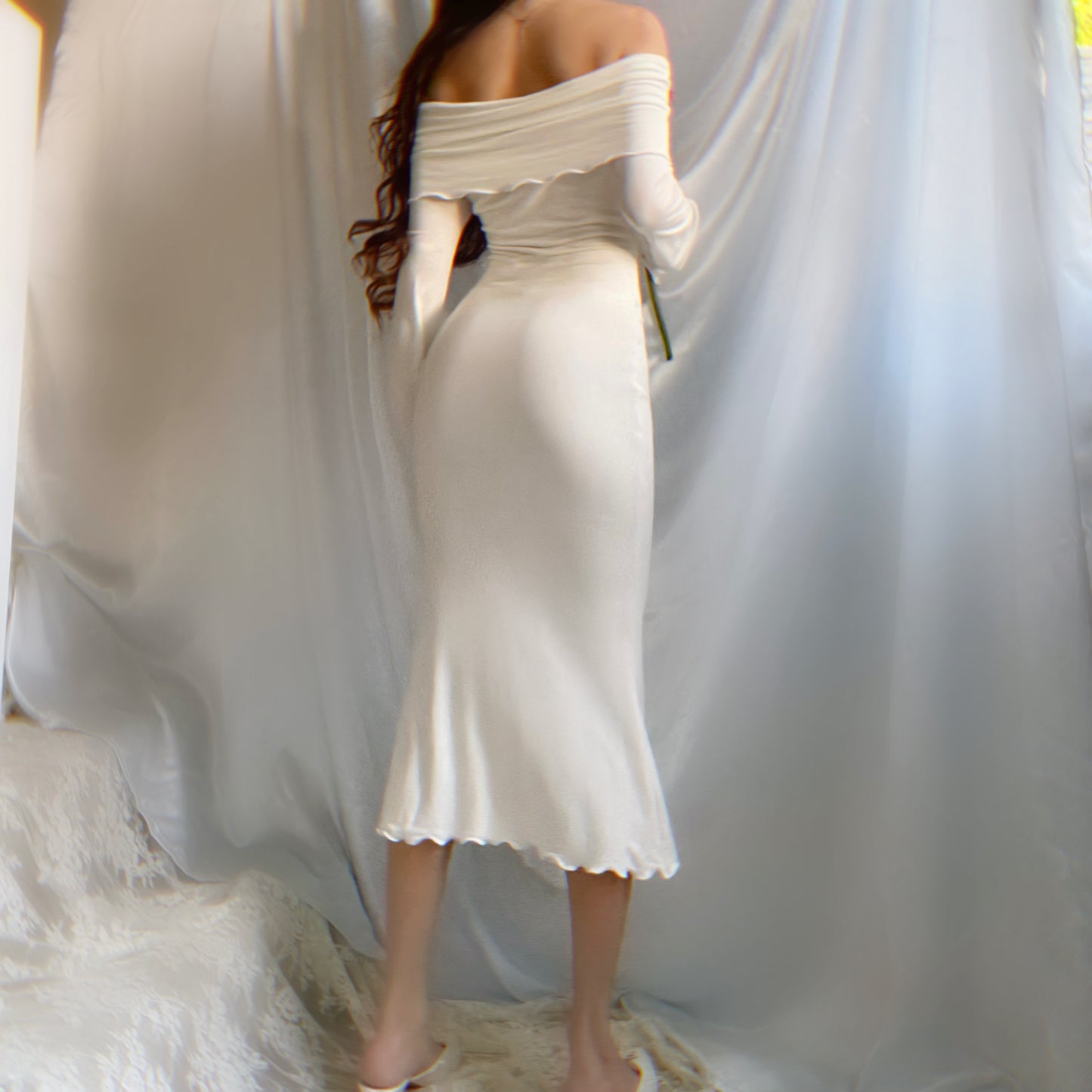 Aphrodite’s Angel Sleeve Off the Shoulder Mermaid Midi Dress
