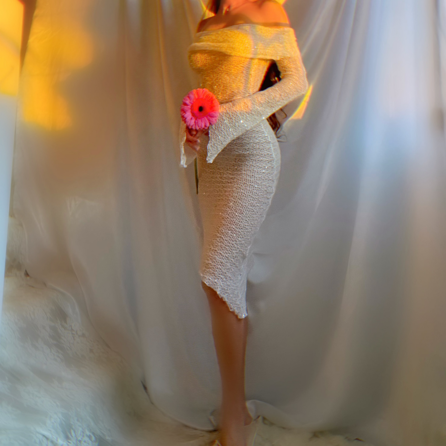 Aphrodite Crystallized Angel Sleeve Off the Shoulder Mermaid Midi Dress