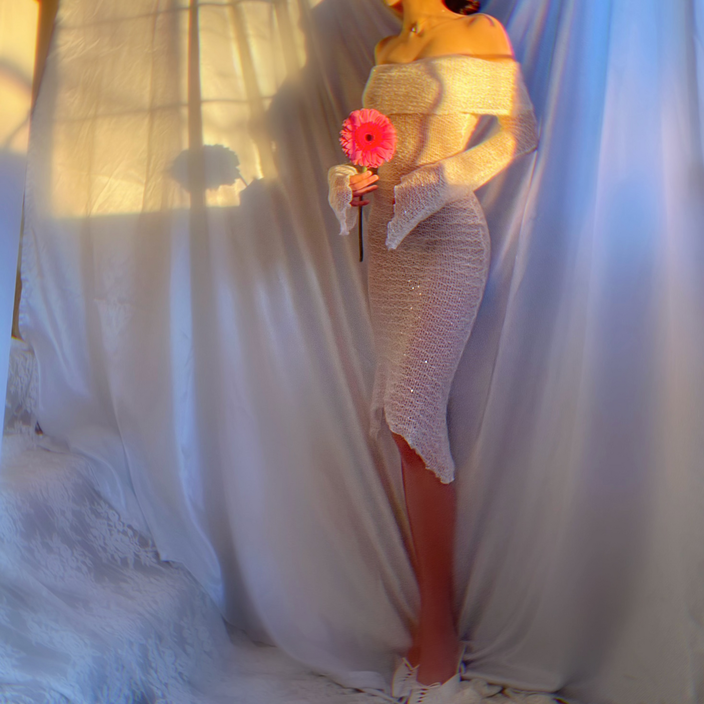 Aphrodite Crystallized Angel Sleeve Off the Shoulder Mermaid Midi Dress