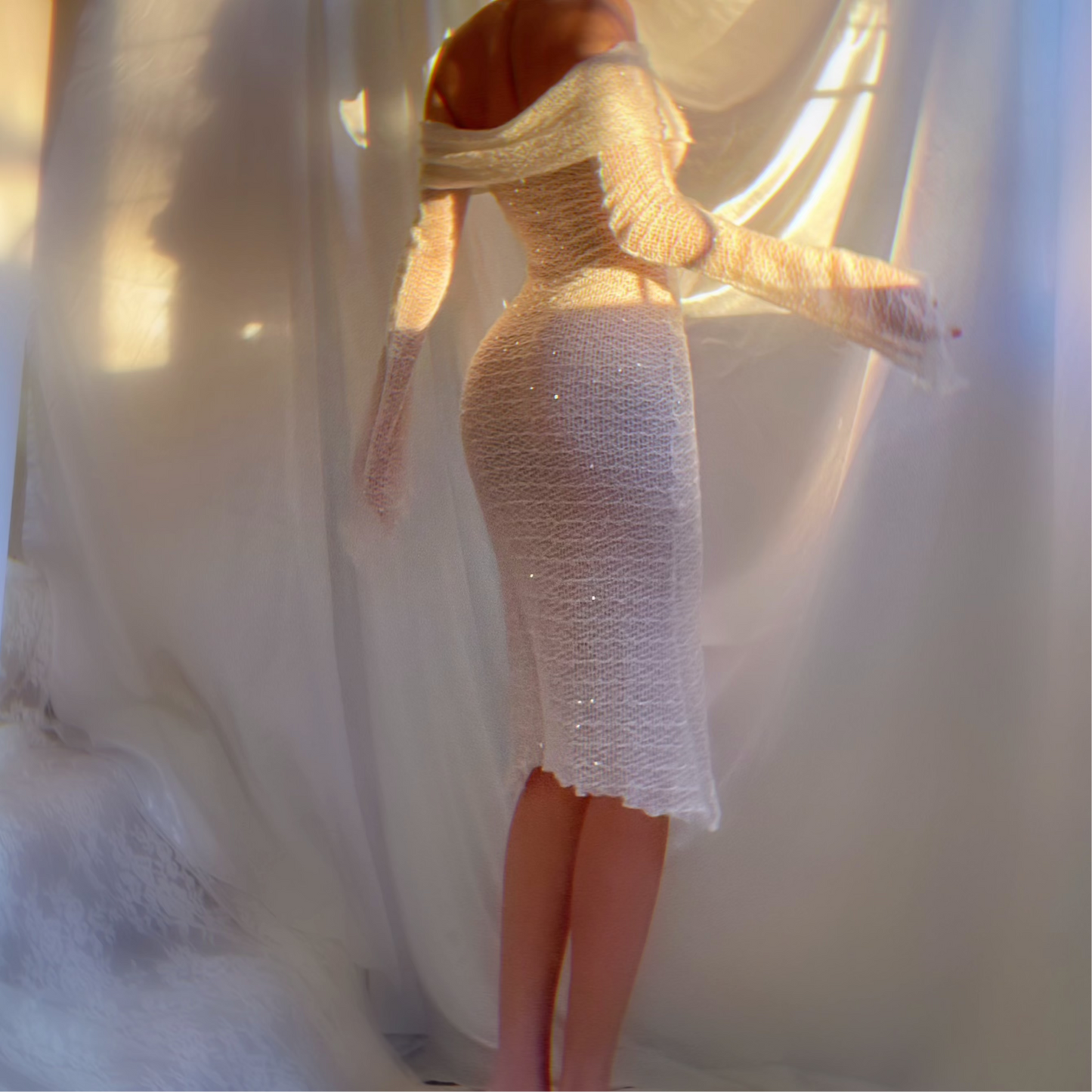 Aphrodite Crystallized Angel Sleeve Off the Shoulder Mermaid Midi Dress