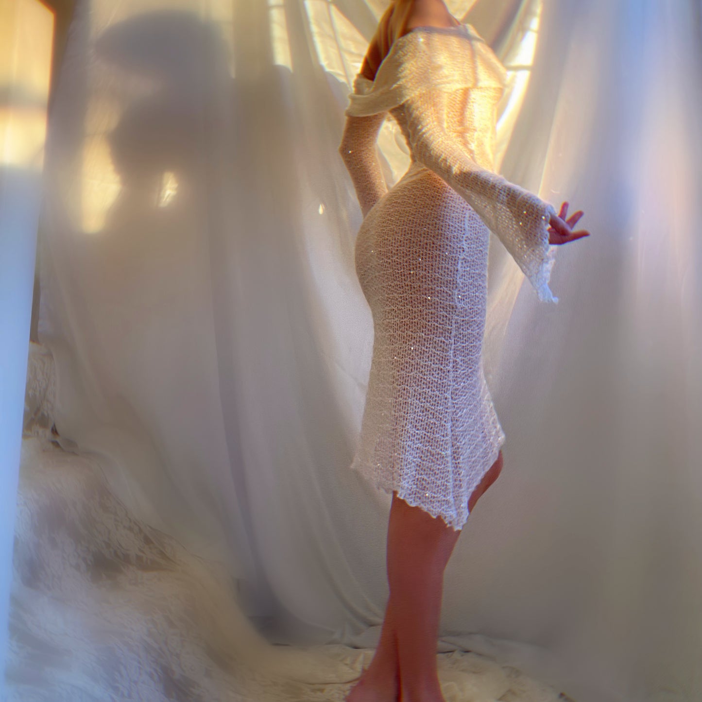 Aphrodite Crystallized Angel Sleeve Off the Shoulder Mermaid Midi Dress