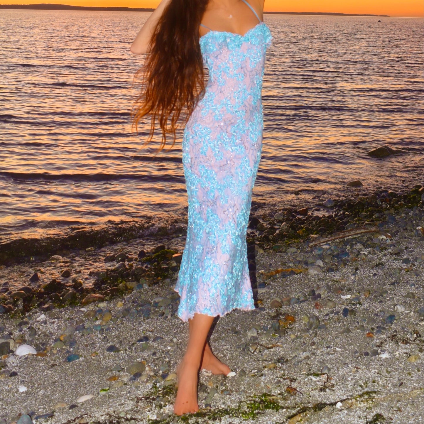 Siren Pastel Princess Baby Blue/Pink Lace Ruffled Mermaid Midi Dress