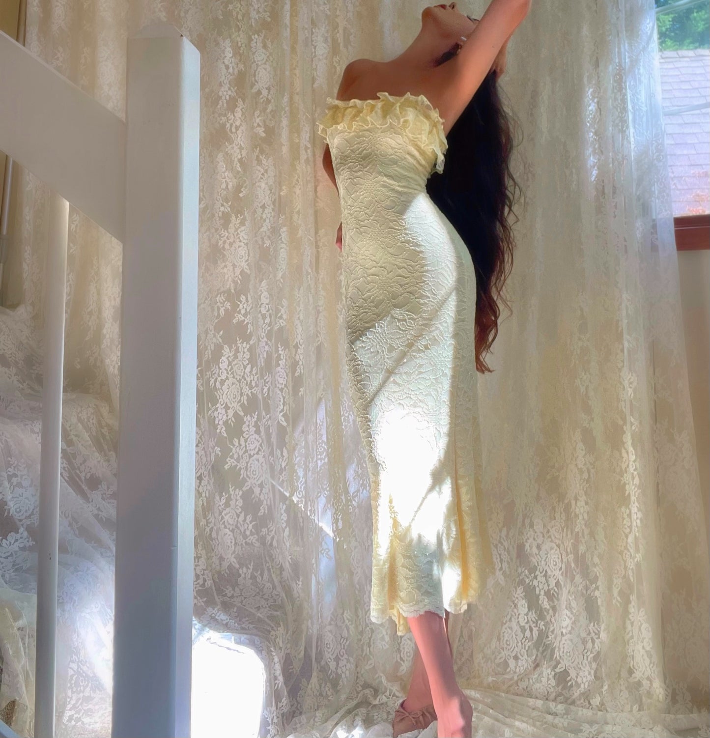 Handcrafted Pale Yellow Sparkly Lace Ruffle Mermaid Bodycon Midi Dress