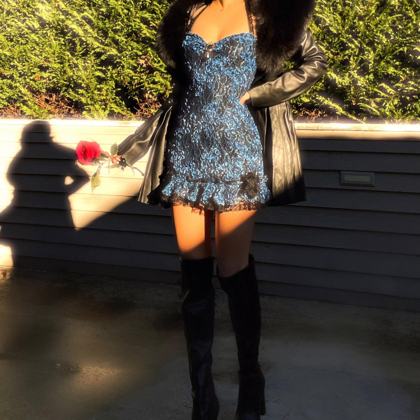 Midnight Rose - Blue Sparkly Lace Ruffle Mini Dress
