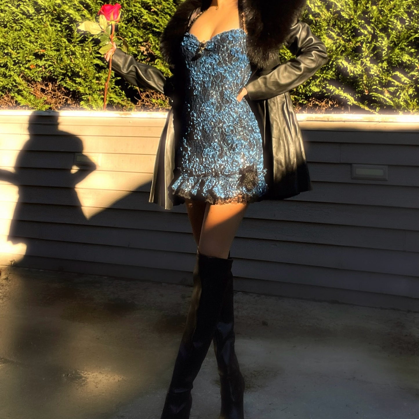 Midnight Rose - Blue Sparkly Lace Ruffle Mini Dress