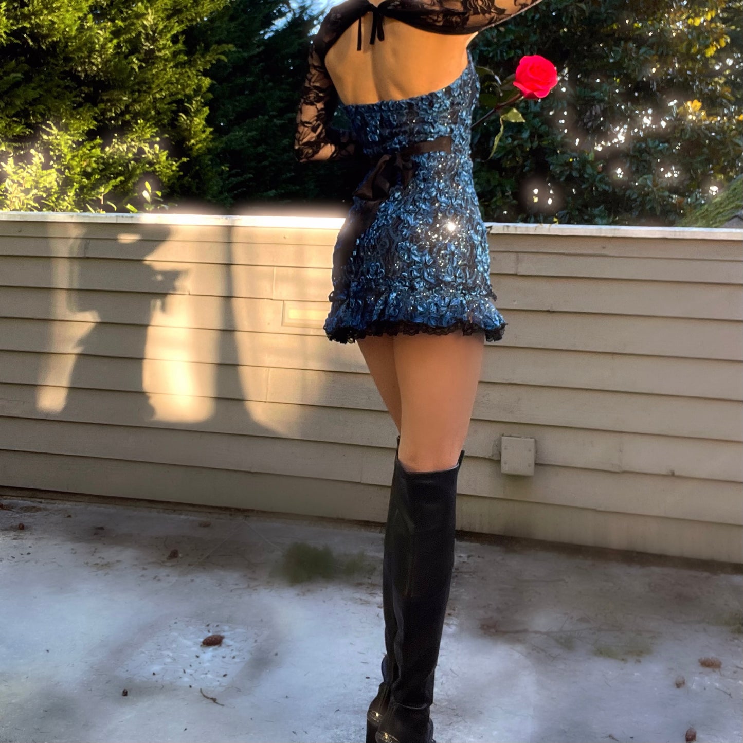 Midnight Rose - Blue Sparkly Lace Ruffle Mini Dress