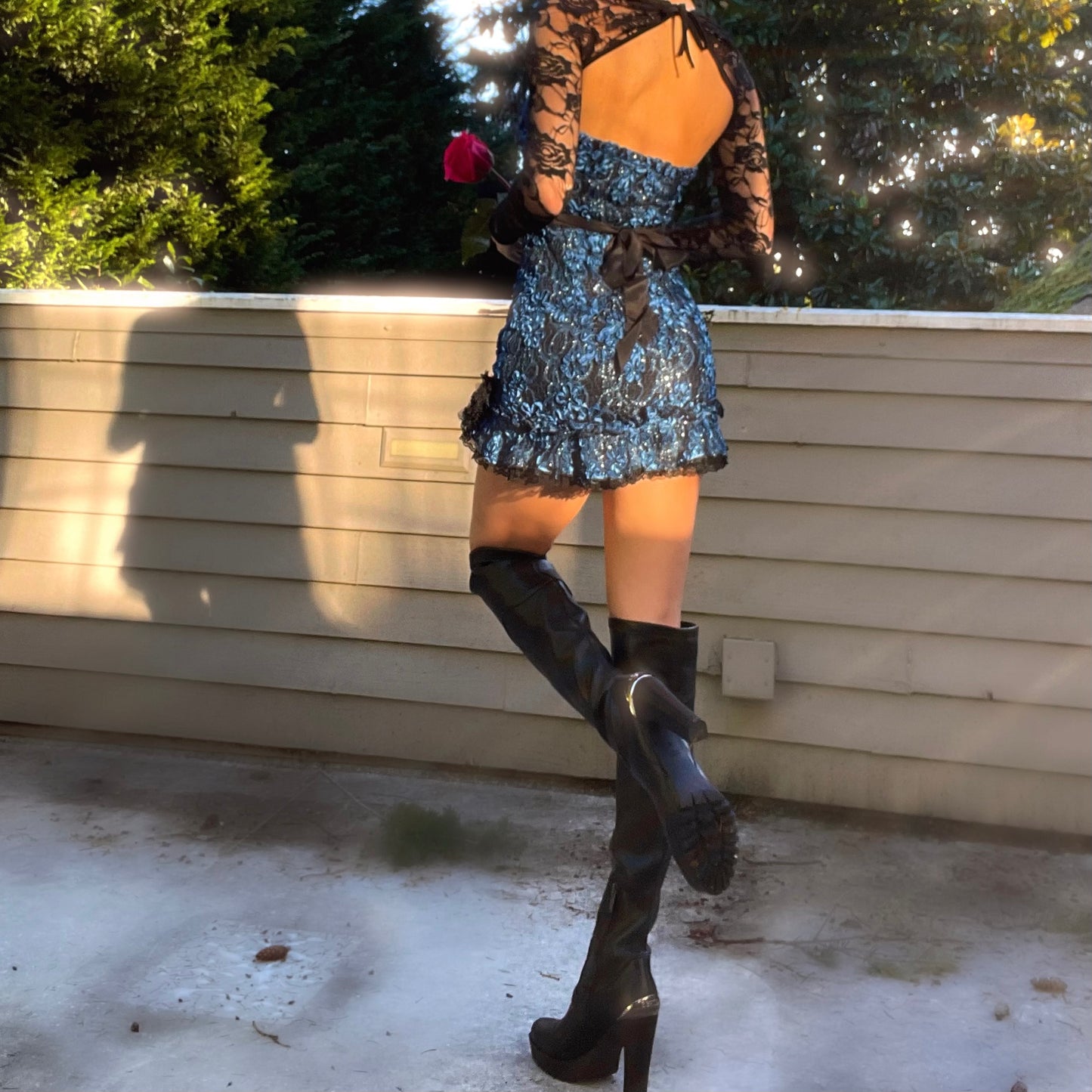 Midnight Rose - Blue Sparkly Lace Ruffle Mini Dress