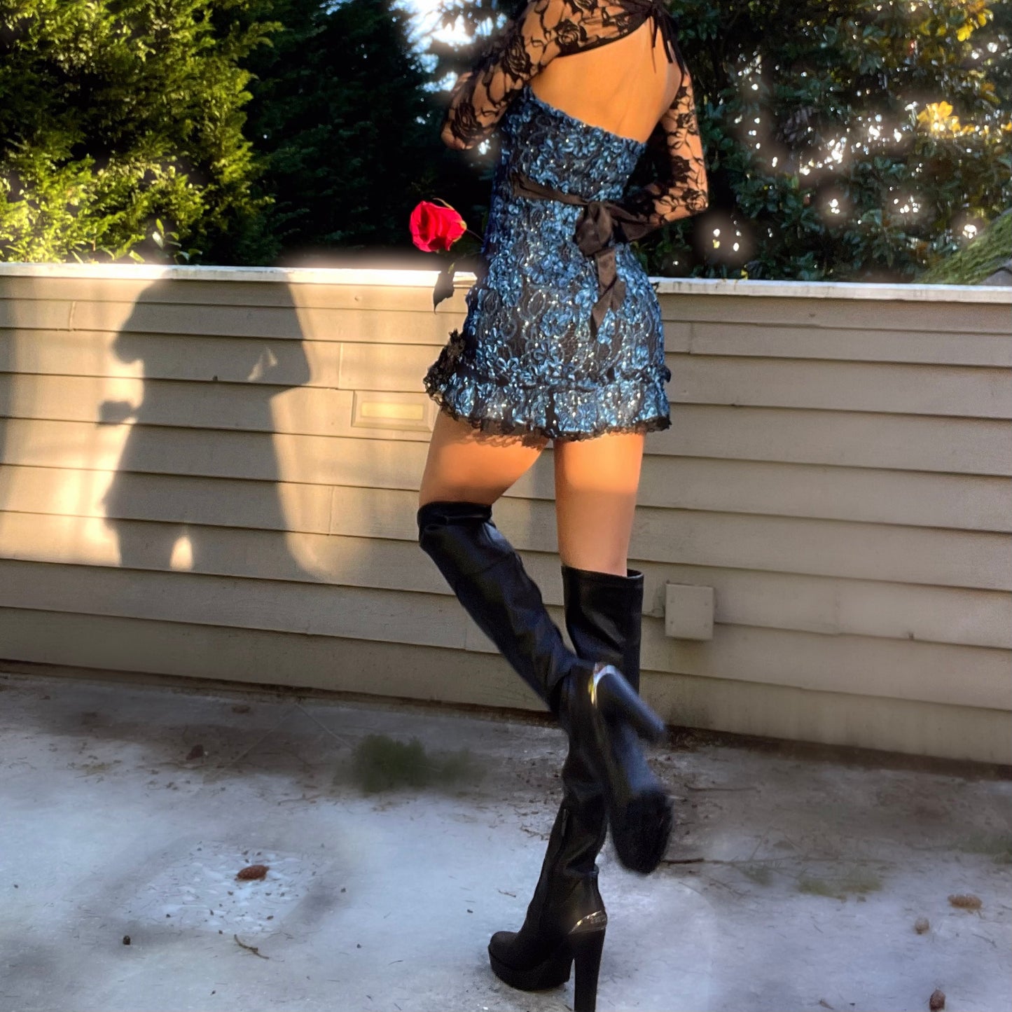 Midnight Rose - Blue Sparkly Lace Ruffle Mini Dress