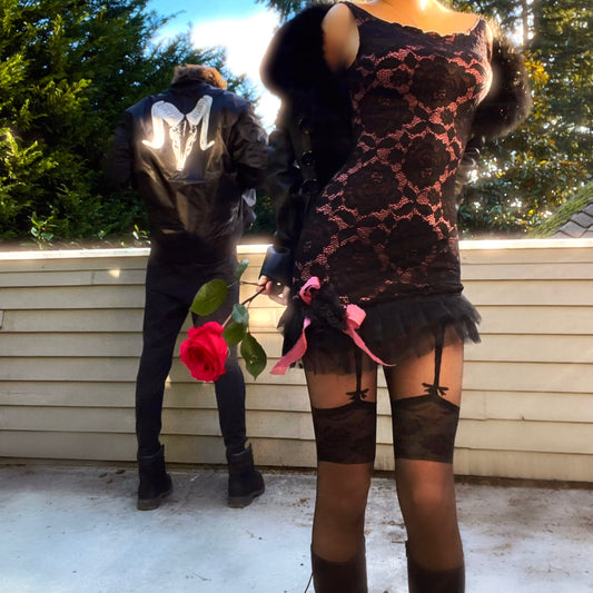 Rosette Noir - Black/Pink Bateau Neck Ruffle Mini Dress