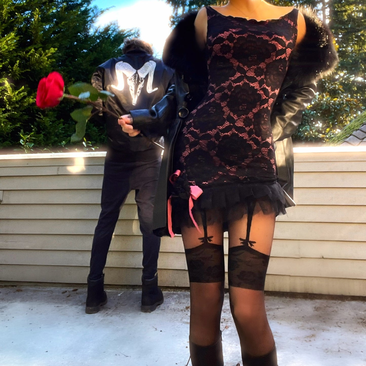 Rosette Noir - Black/Pink Bateau Neck Ruffle Mini Dress