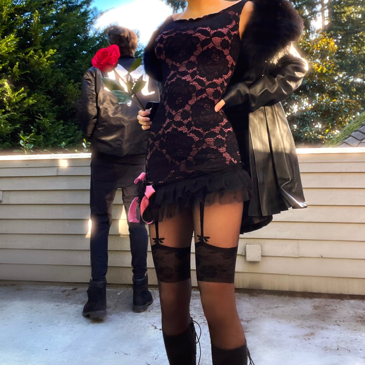 Rosette Noir - Black/Pink Bateau Neck Ruffle Mini Dress