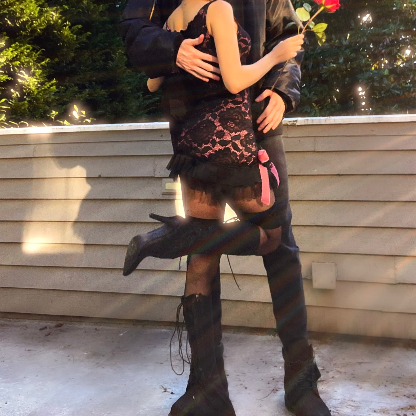 Rosette Noir - Black/Pink Bateau Neck Ruffle Mini Dress