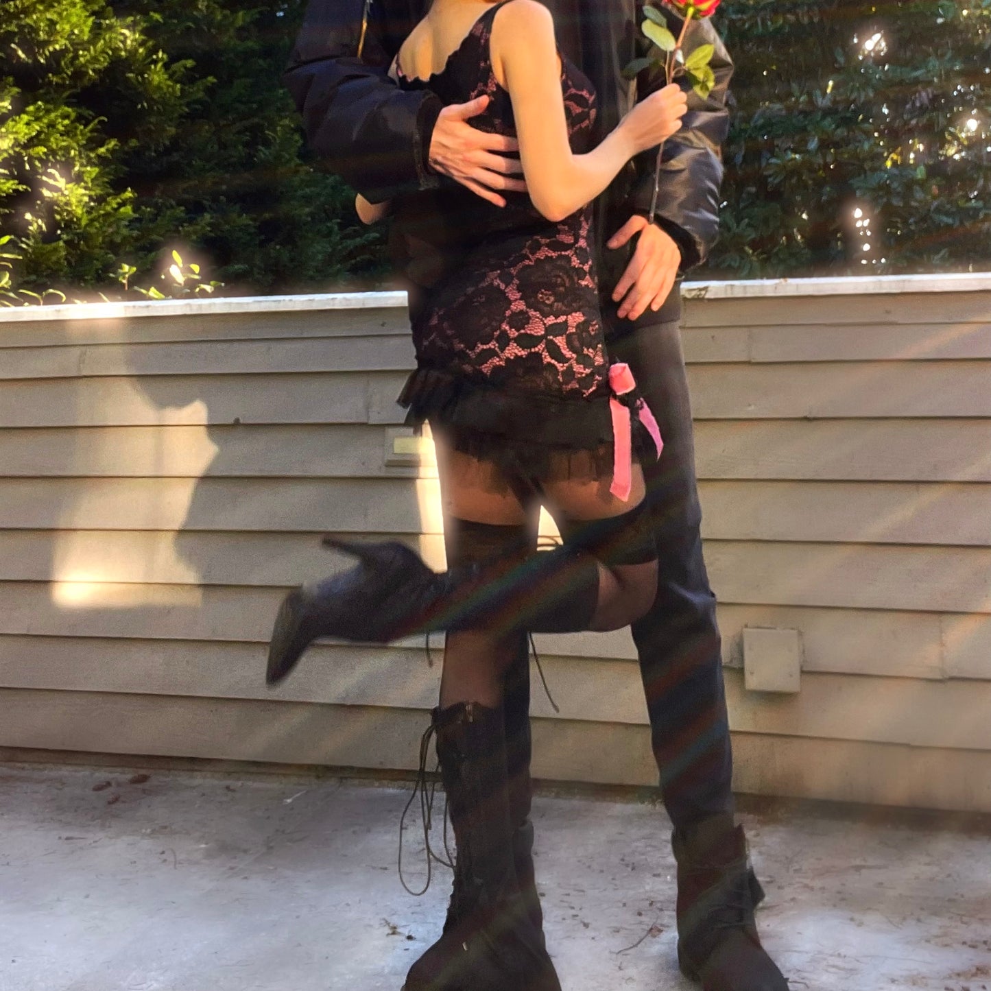 Rosette Noir - Black/Pink Bateau Neck Ruffle Mini Dress