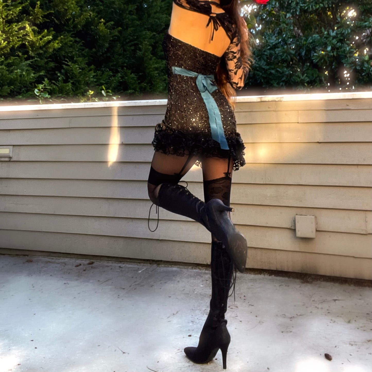 Obsidian Kiss - Black Sparkly Lace Ruffle Mini Dress