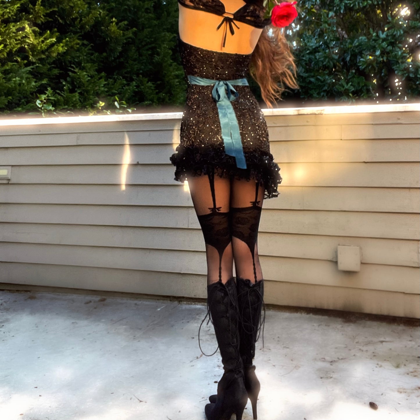 Obsidian Kiss - Black Sparkly Lace Ruffle Mini Dress