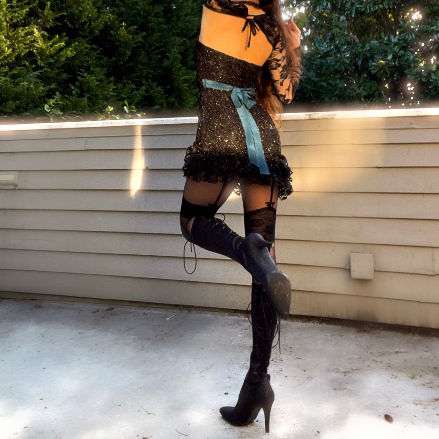 Obsidian Kiss - Black Sparkly Lace Ruffle Mini Dress