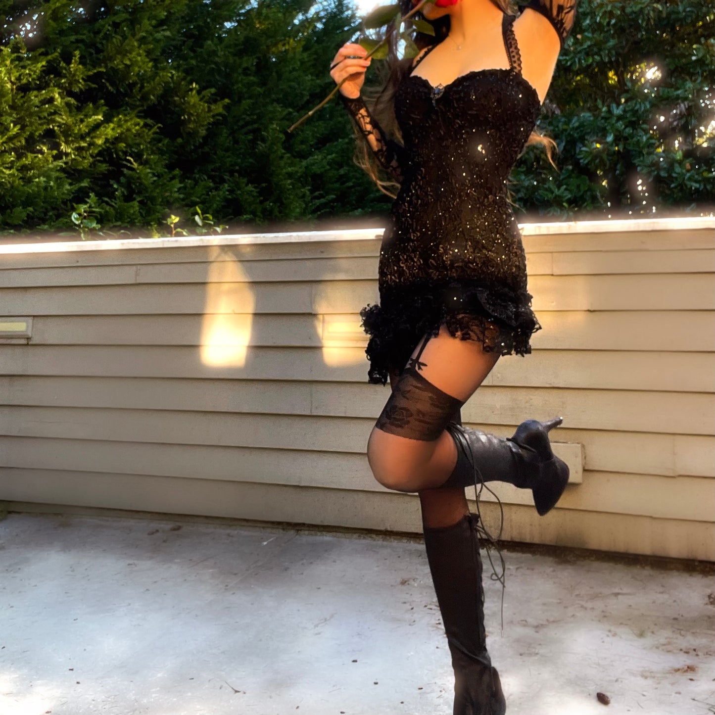 Obsidian Kiss - Black Sparkly Lace Ruffle Mini Dress