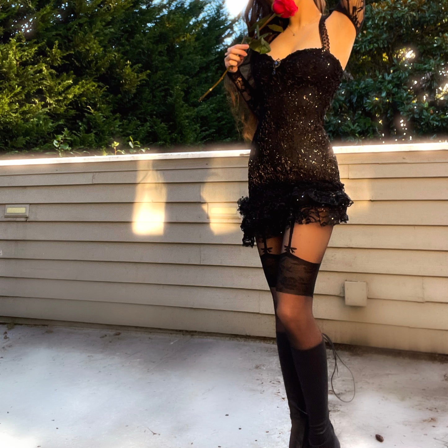 Obsidian Kiss - Black Sparkly Lace Ruffle Mini Dress