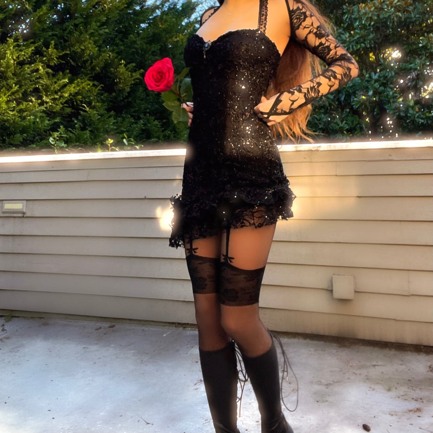 Obsidian Kiss - Black Sparkly Lace Ruffle Mini Dress