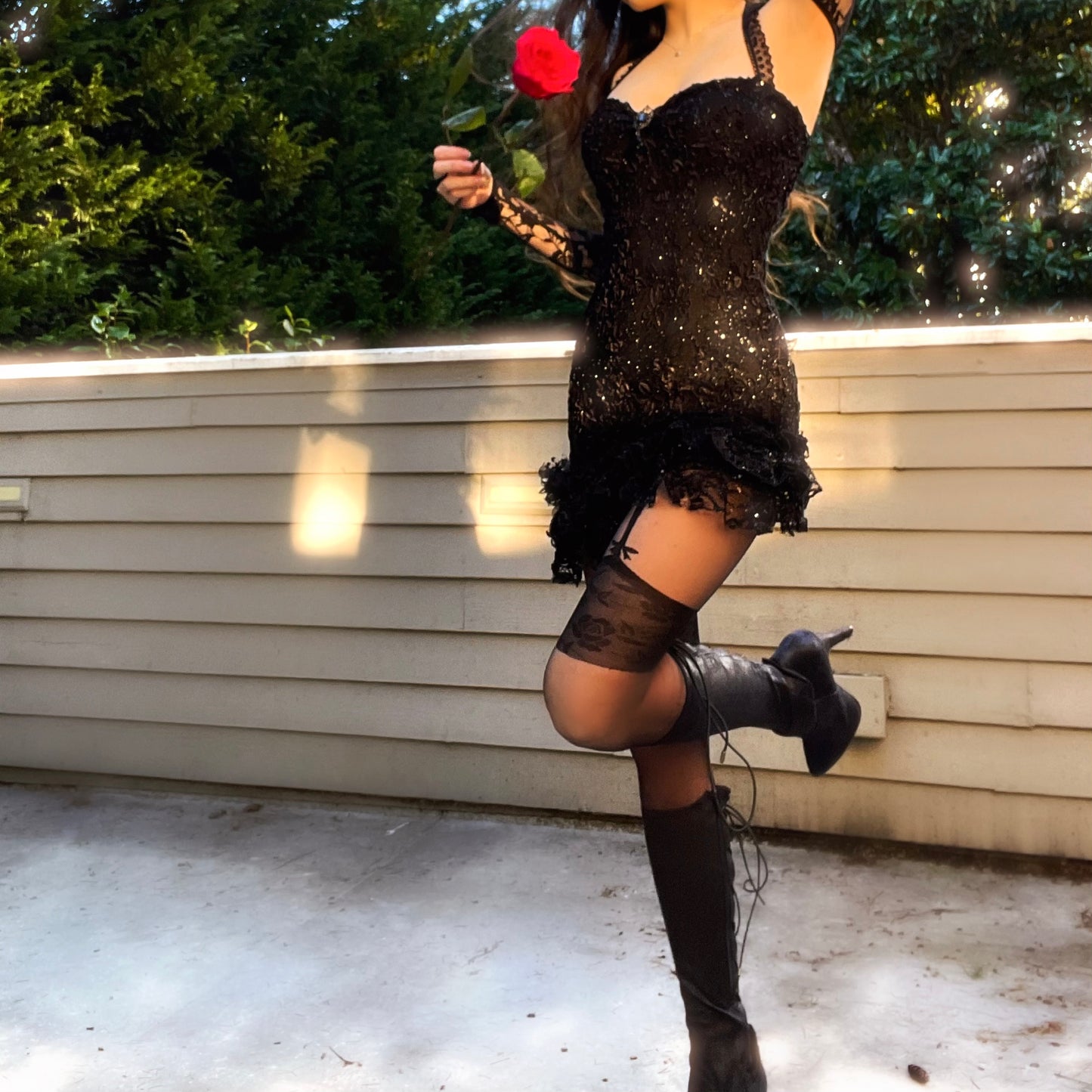 Obsidian Kiss - Black Sparkly Lace Ruffle Mini Dress