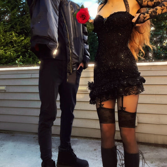 Obsidian Kiss - Black Sparkly Lace Ruffle Mini Dress