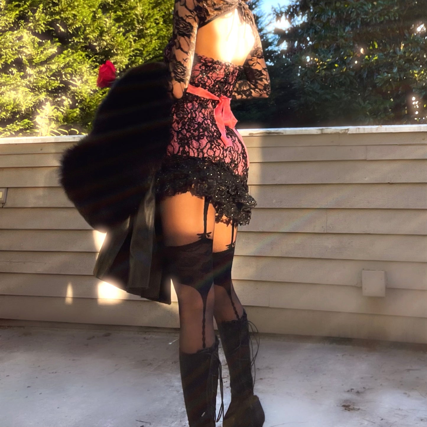 Scarlet Veil - Pink/Black Sparkly Lace Ruffle Mini Dress