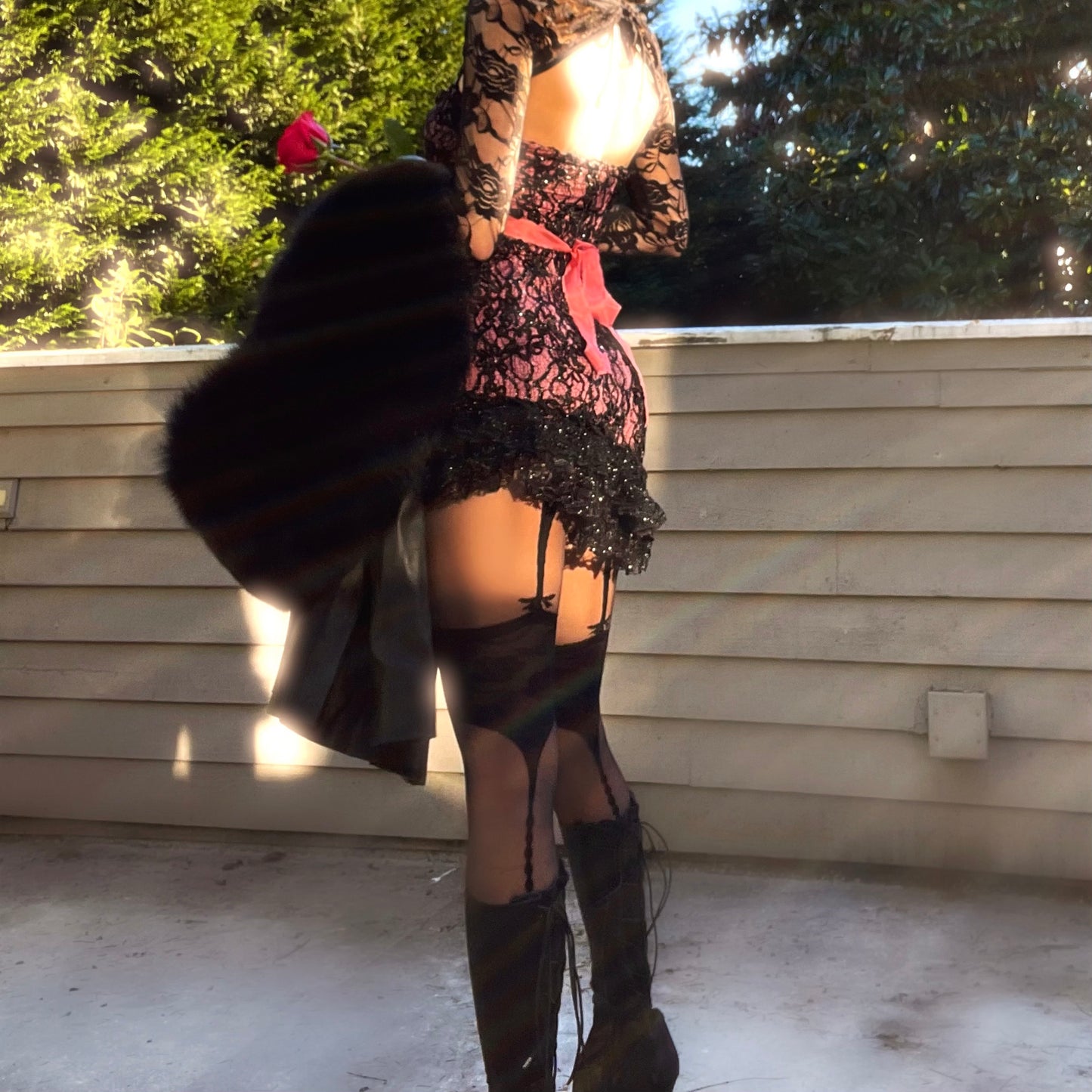 Scarlet Veil - Pink/Black Sparkly Lace Ruffle Mini Dress