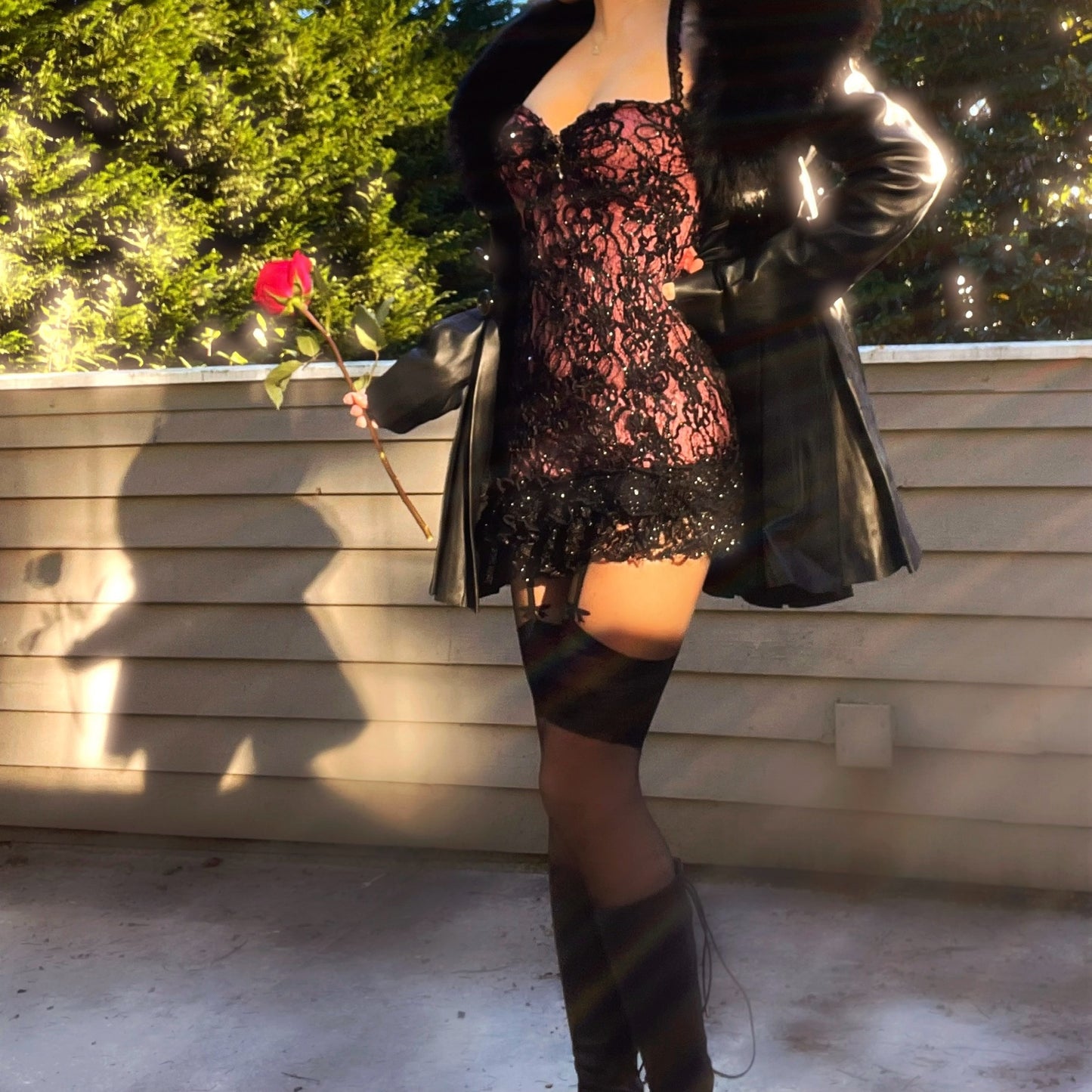 Scarlet Veil - Pink/Black Sparkly Lace Ruffle Mini Dress