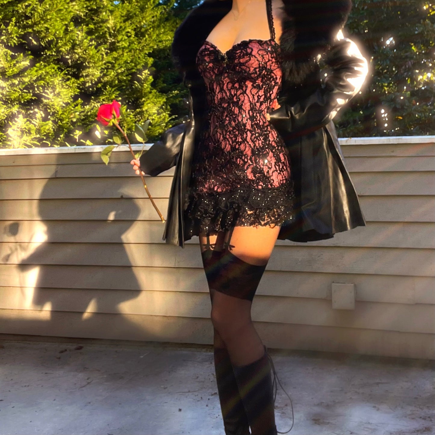 Scarlet Veil - Pink/Black Sparkly Lace Ruffle Mini Dress