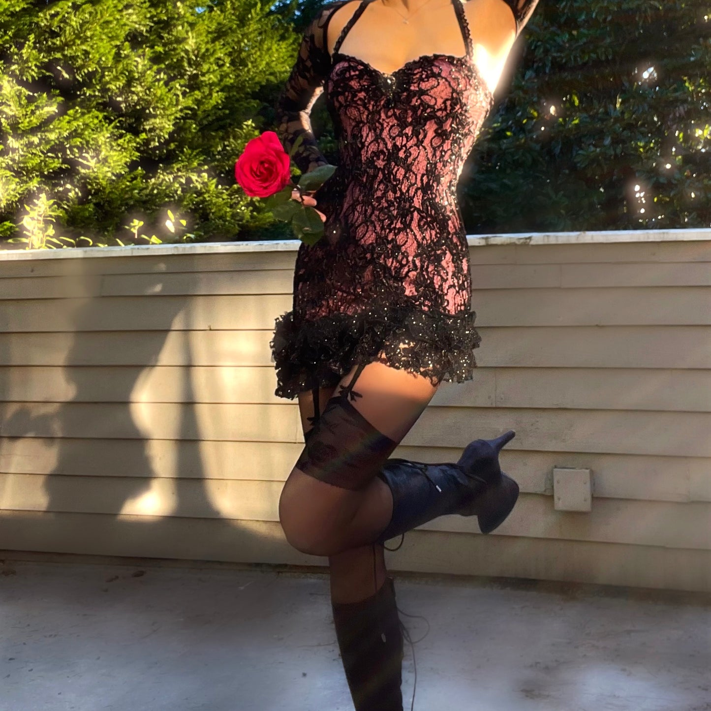 Scarlet Veil - Pink/Black Sparkly Lace Ruffle Mini Dress