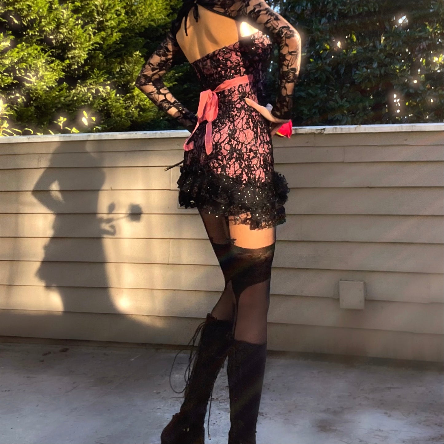 Scarlet Veil - Pink/Black Sparkly Lace Ruffle Mini Dress
