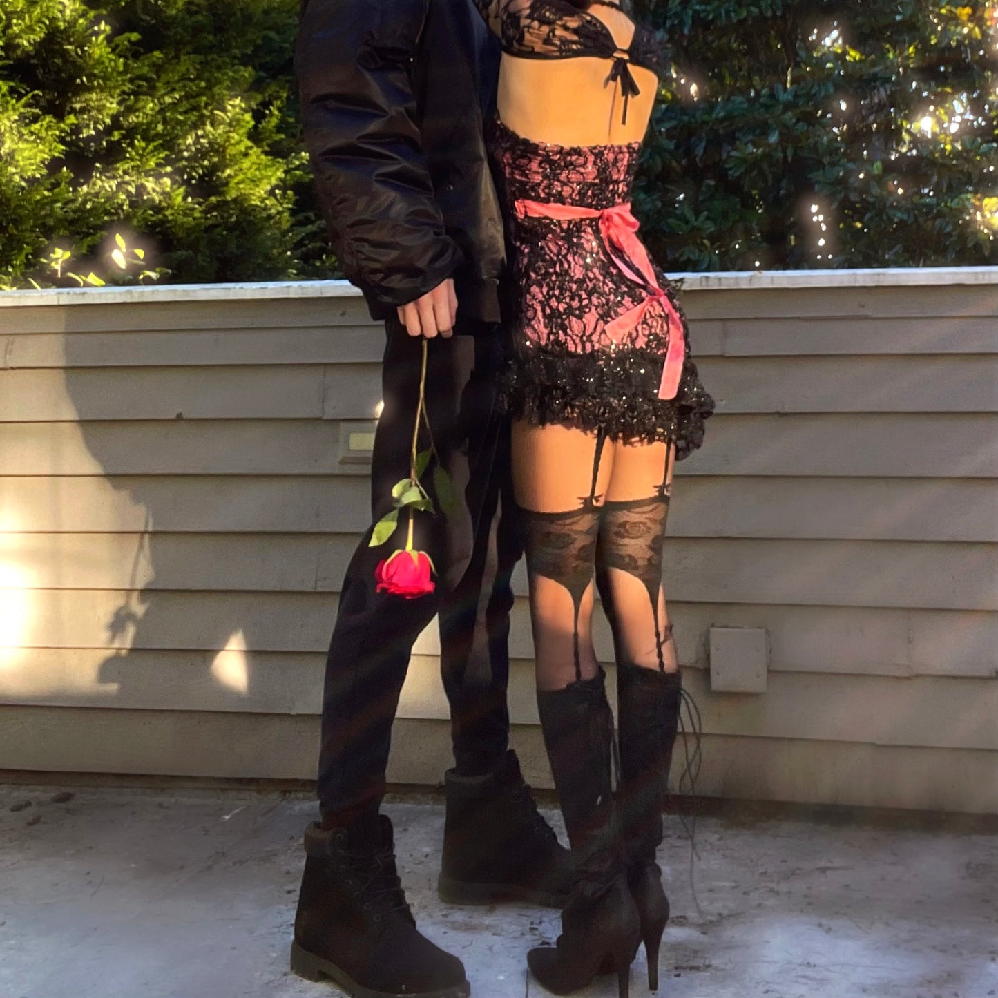 Scarlet Veil - Pink/Black Sparkly Lace Ruffle Mini Dress