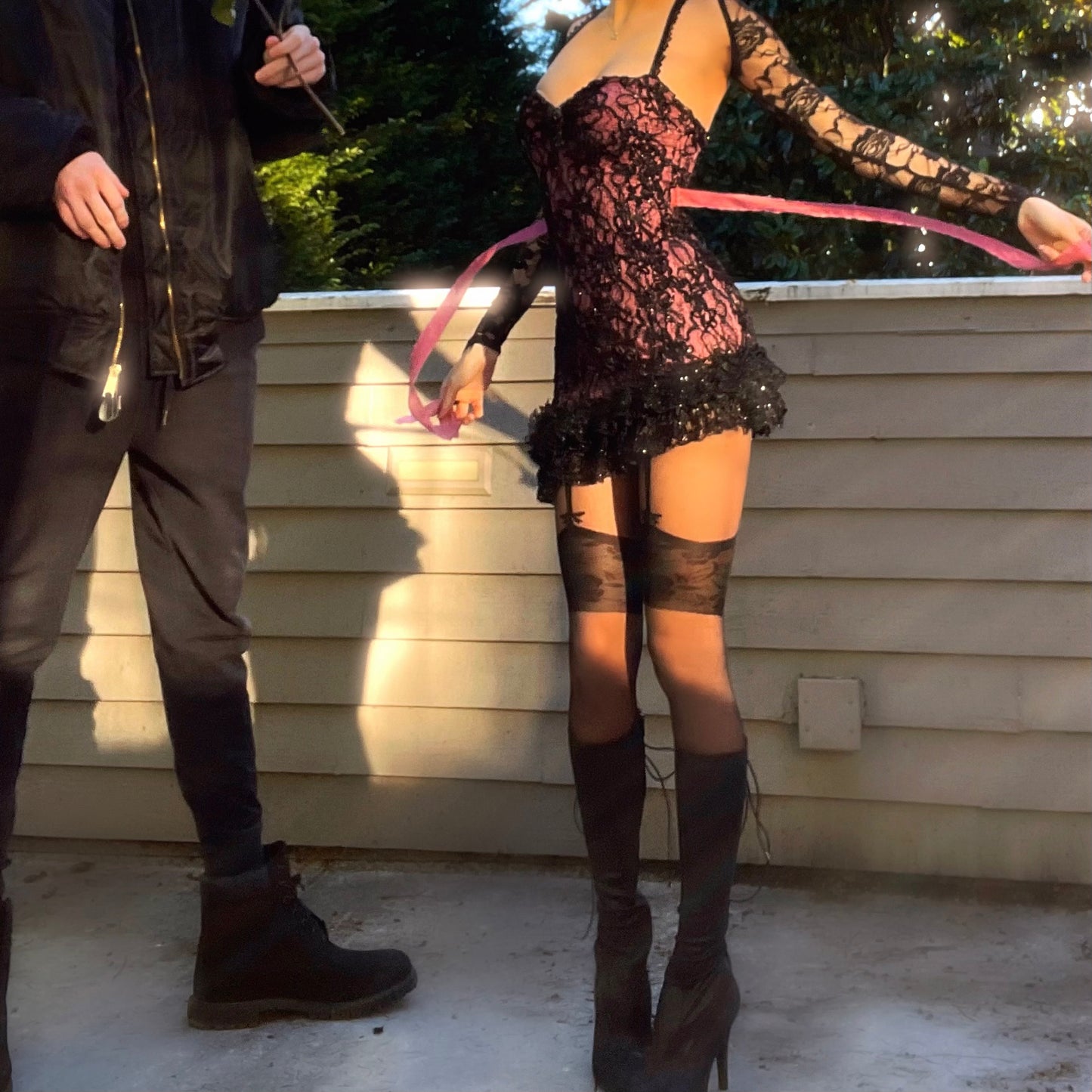 Scarlet Veil - Pink/Black Sparkly Lace Ruffle Mini Dress