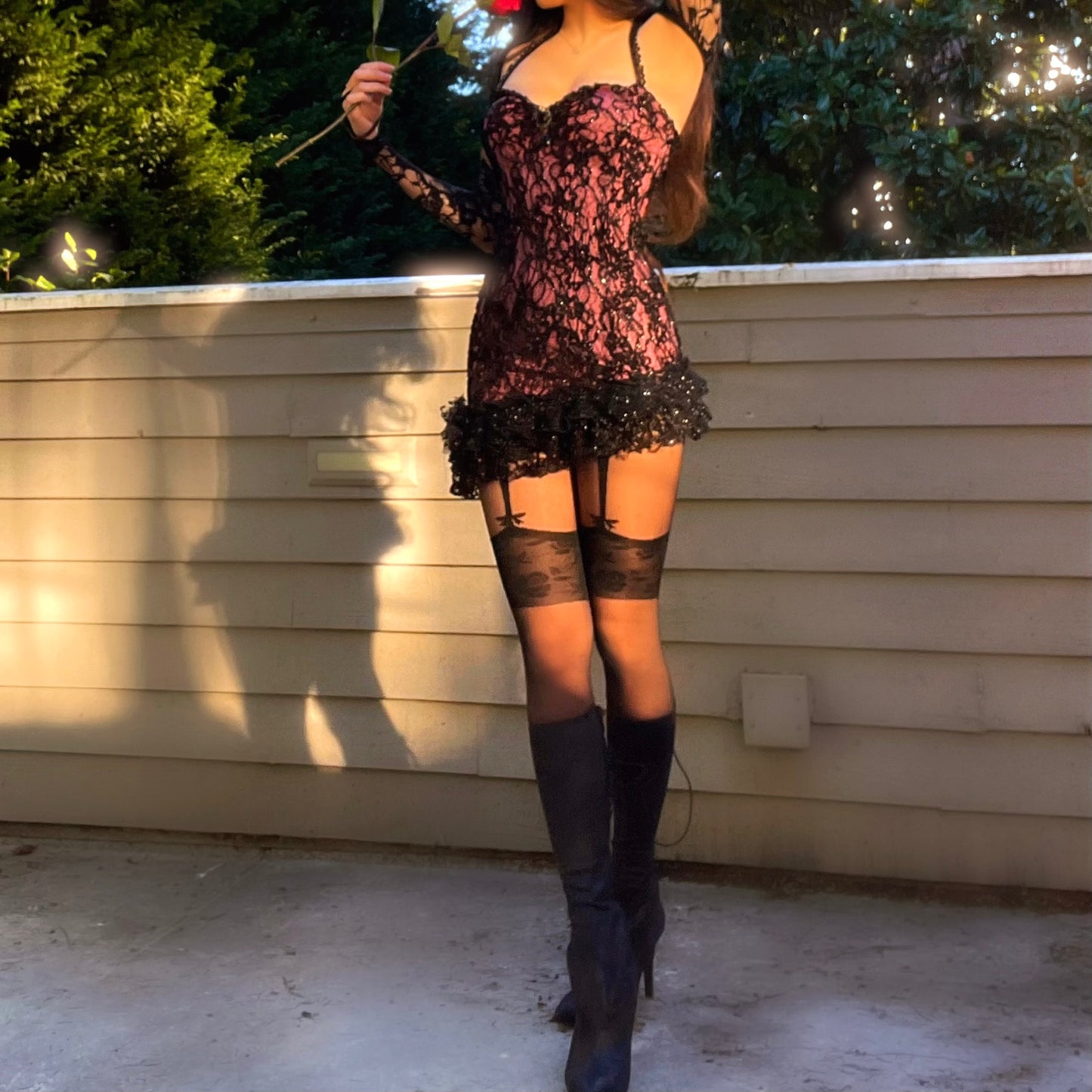 Scarlet Veil - Pink/Black Sparkly Lace Ruffle Mini Dress