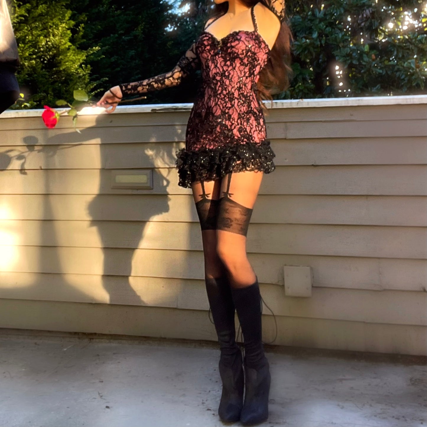 Scarlet Veil - Pink/Black Sparkly Lace Ruffle Mini Dress