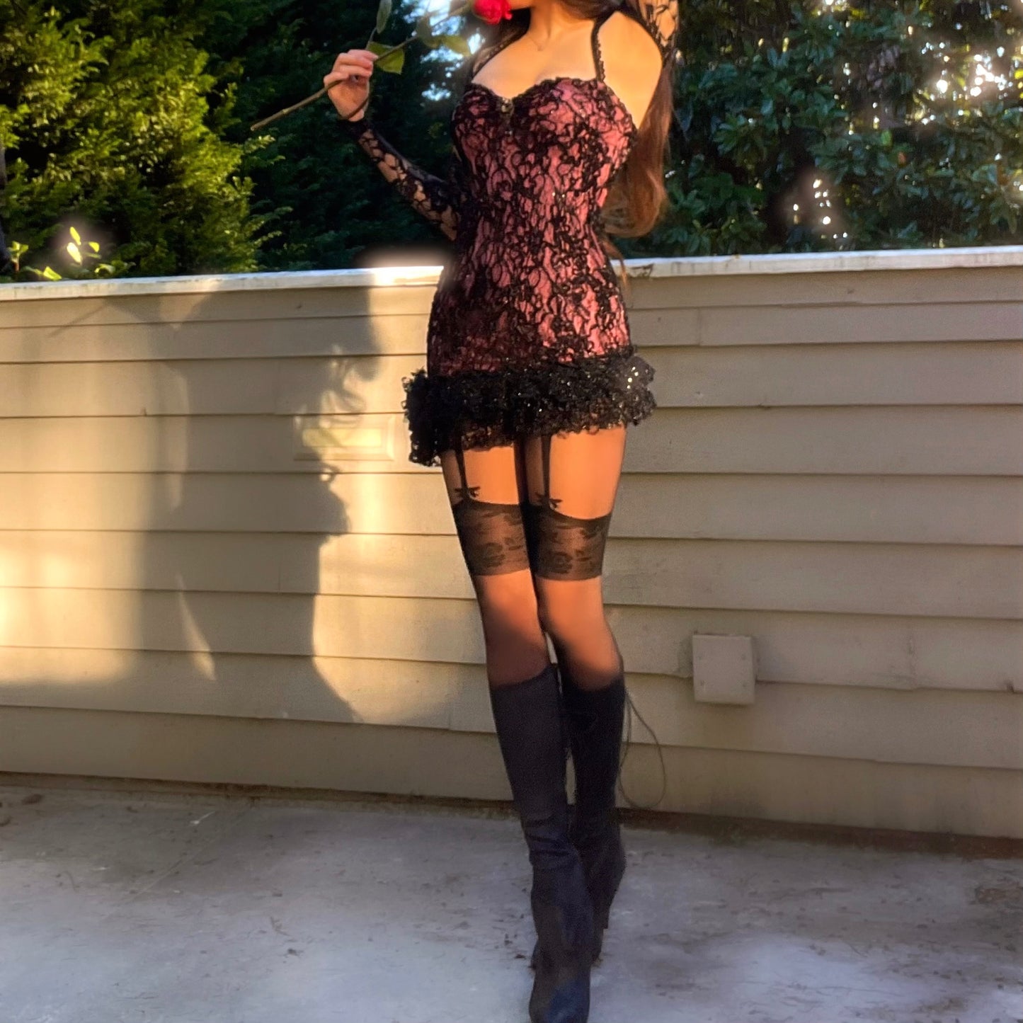 Scarlet Veil - Pink/Black Sparkly Lace Ruffle Mini Dress