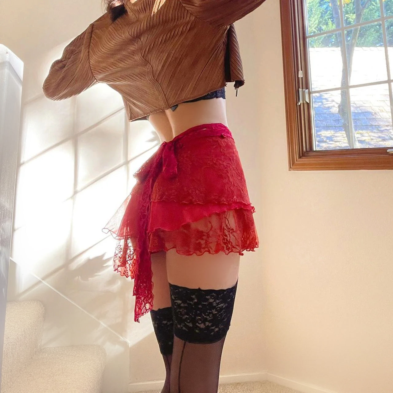 Burnt Red Lace & Silk Layered Ballet Wrap Skirt