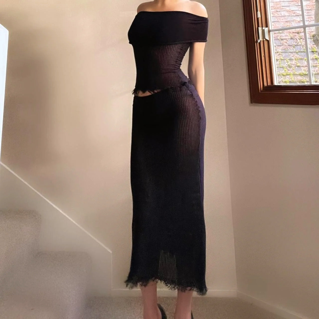 Siren Black Ribbed Off the Shoulder Matching Set