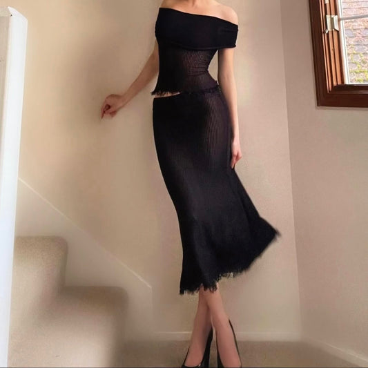 Siren Black Ribbed Off the Shoulder Matching Set