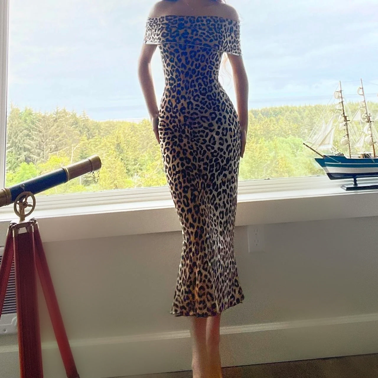 Leopard Off the Shoulder Mermaid Midi Dress