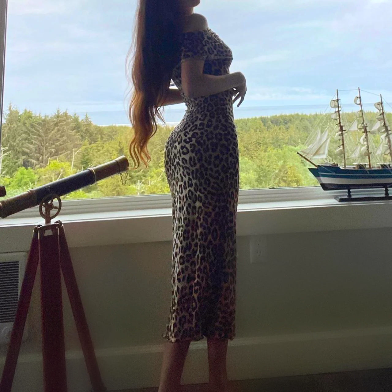 Leopard Off the Shoulder Mermaid Midi Dress
