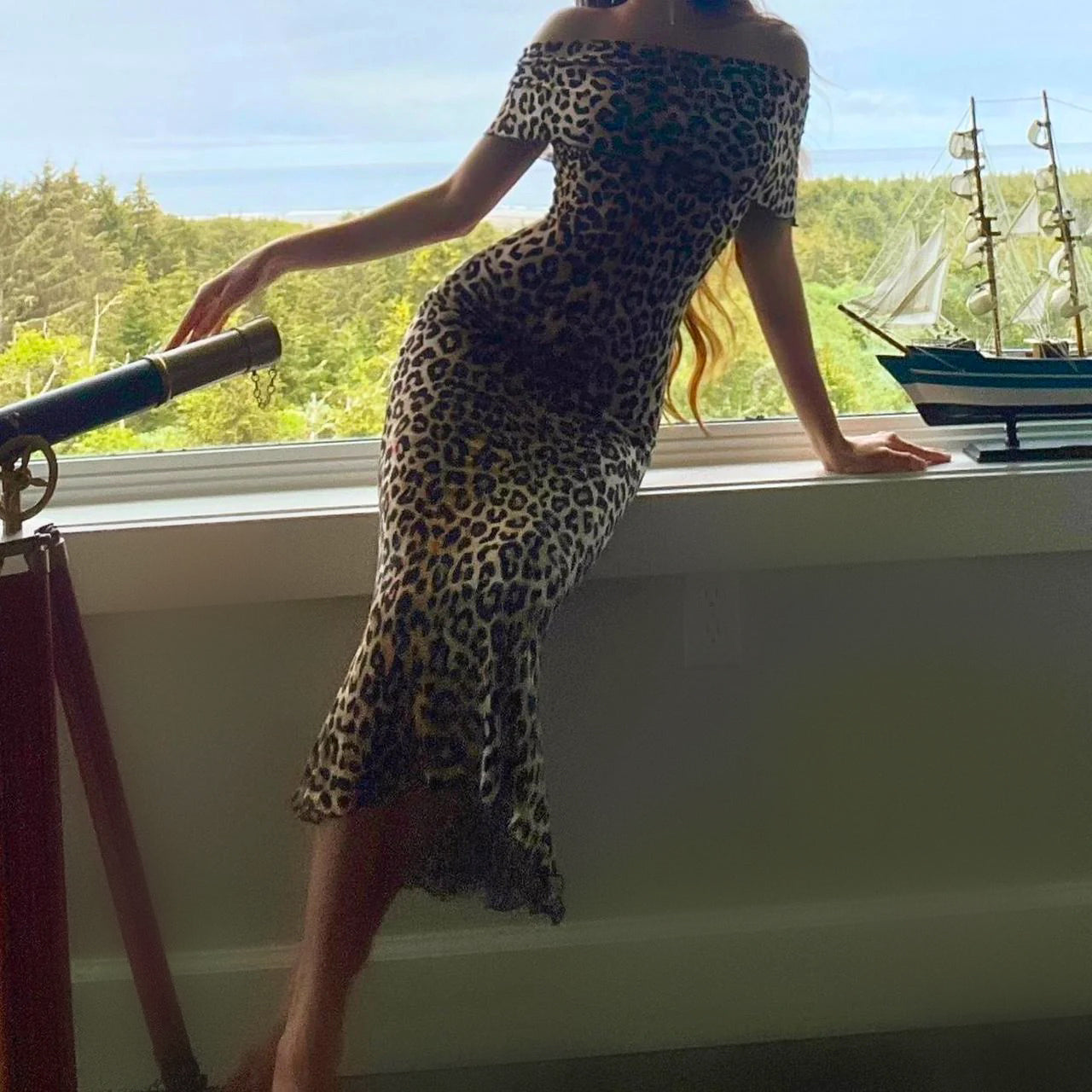 Leopard Off the Shoulder Mermaid Midi Dress