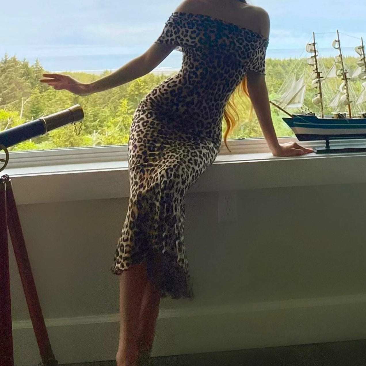 Leopard Off the Shoulder Mermaid Midi Dress