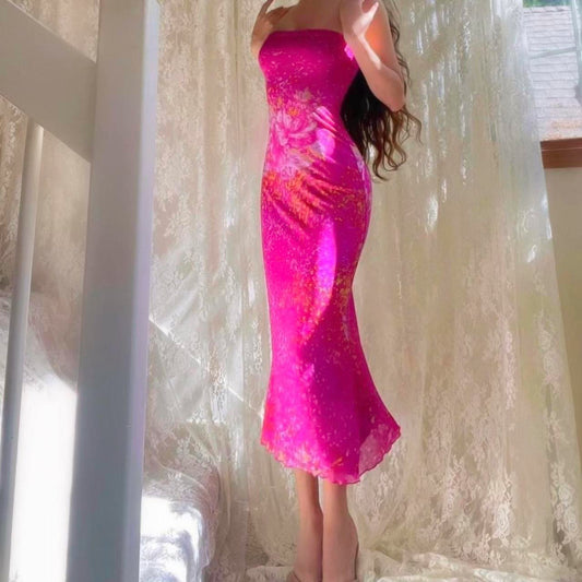 Magenta Floral Print Mermaid Midi Dress