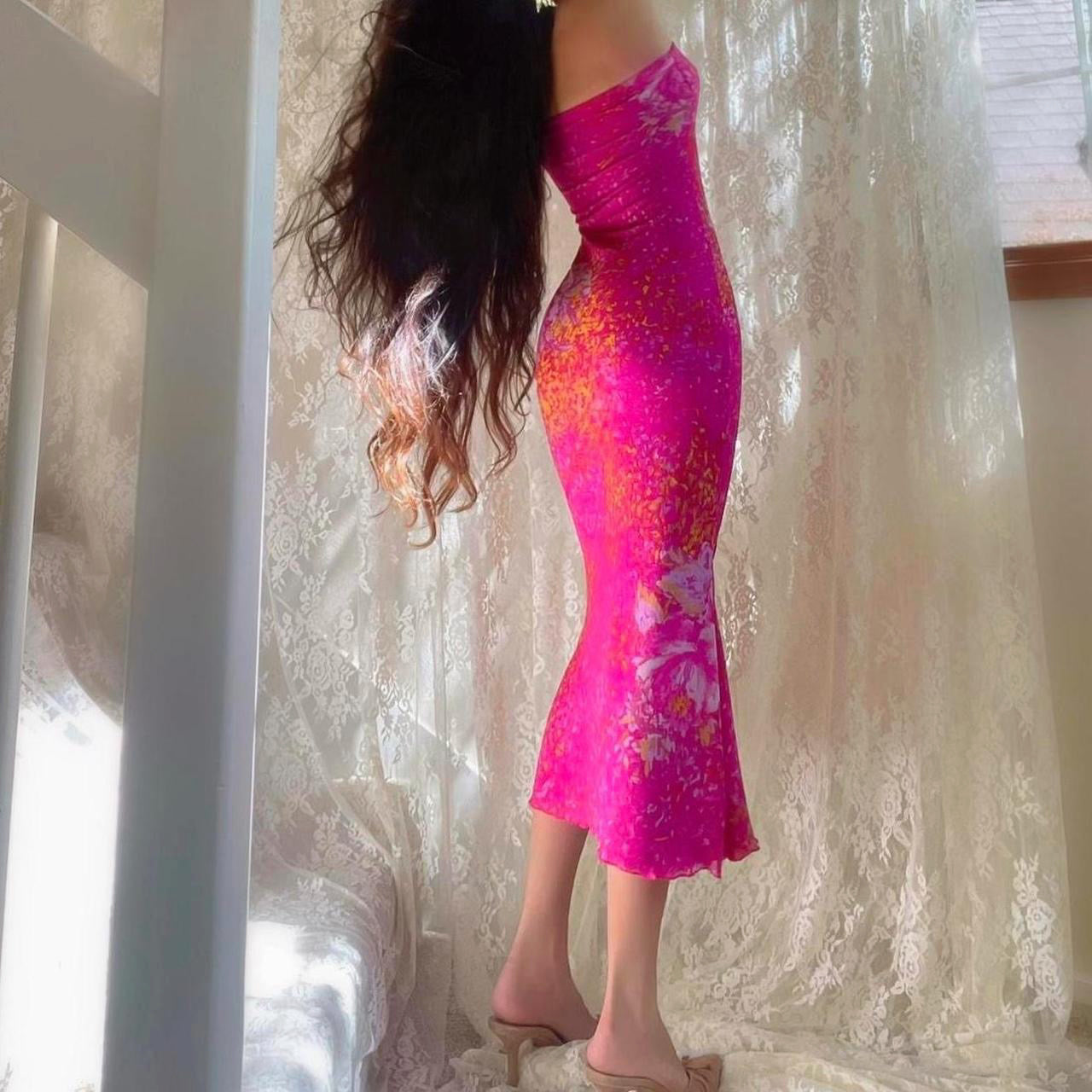 Magenta Floral Print Mermaid Midi Dress