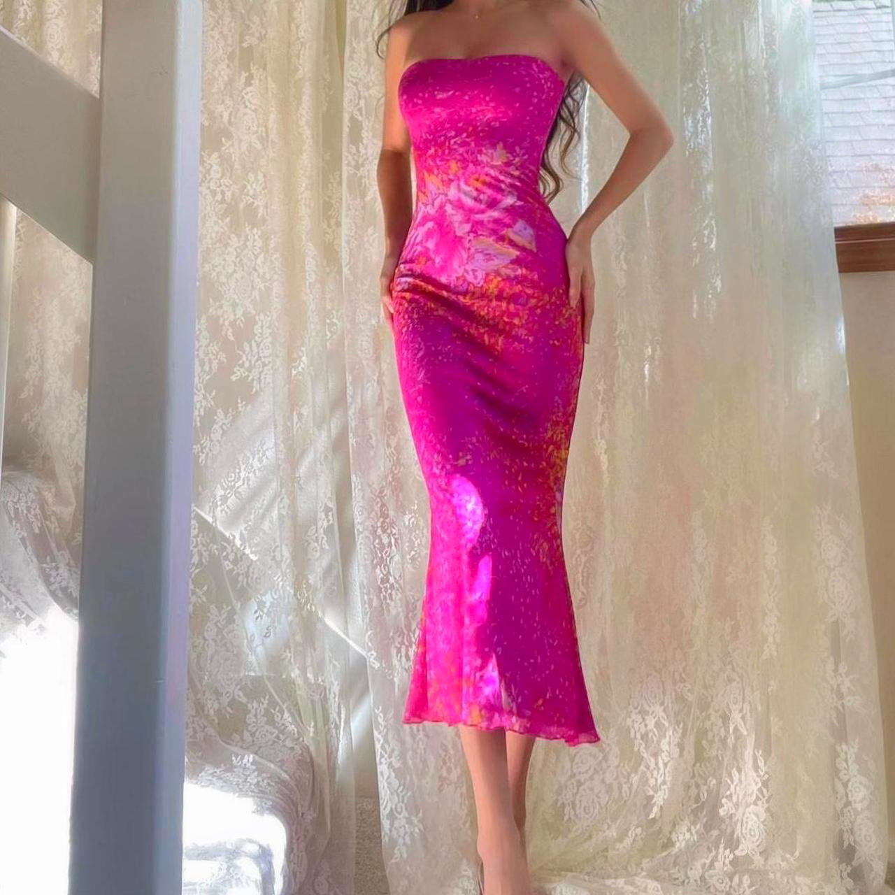 Magenta Floral Print Mermaid Midi Dress
